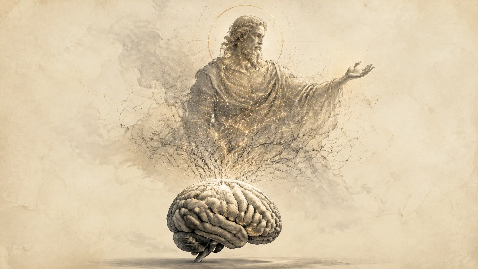 A human brain constructs a godlike figure from branching neural filaments and light.