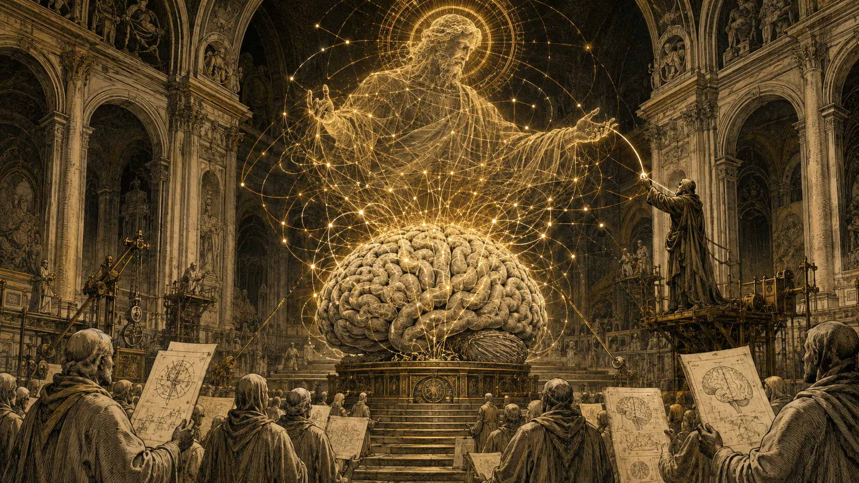 A congregation follows diagrams while neural threads from a brain on the altar assemble a luminous god inside a cathedral.