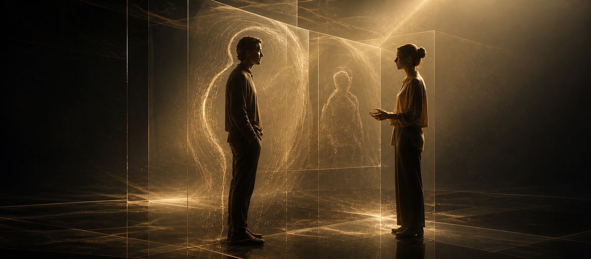 Two people facing one another through layered transparent frames and luminous constructed human forms.
