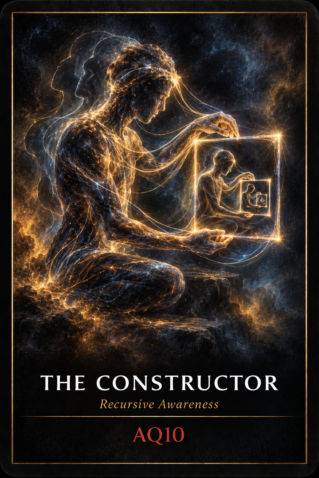 AQ10: THE CONSTRUCTOR. Recursive Awareness. A constructor appears within the frame being constructed, with threads returning into the outer figure.