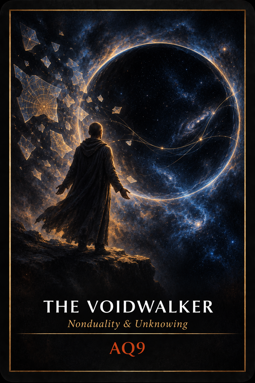 AQ9: THE VOIDWALKER. Nonduality & Unknowing. A figure remains present as a map loosens beside an unknown opening.
