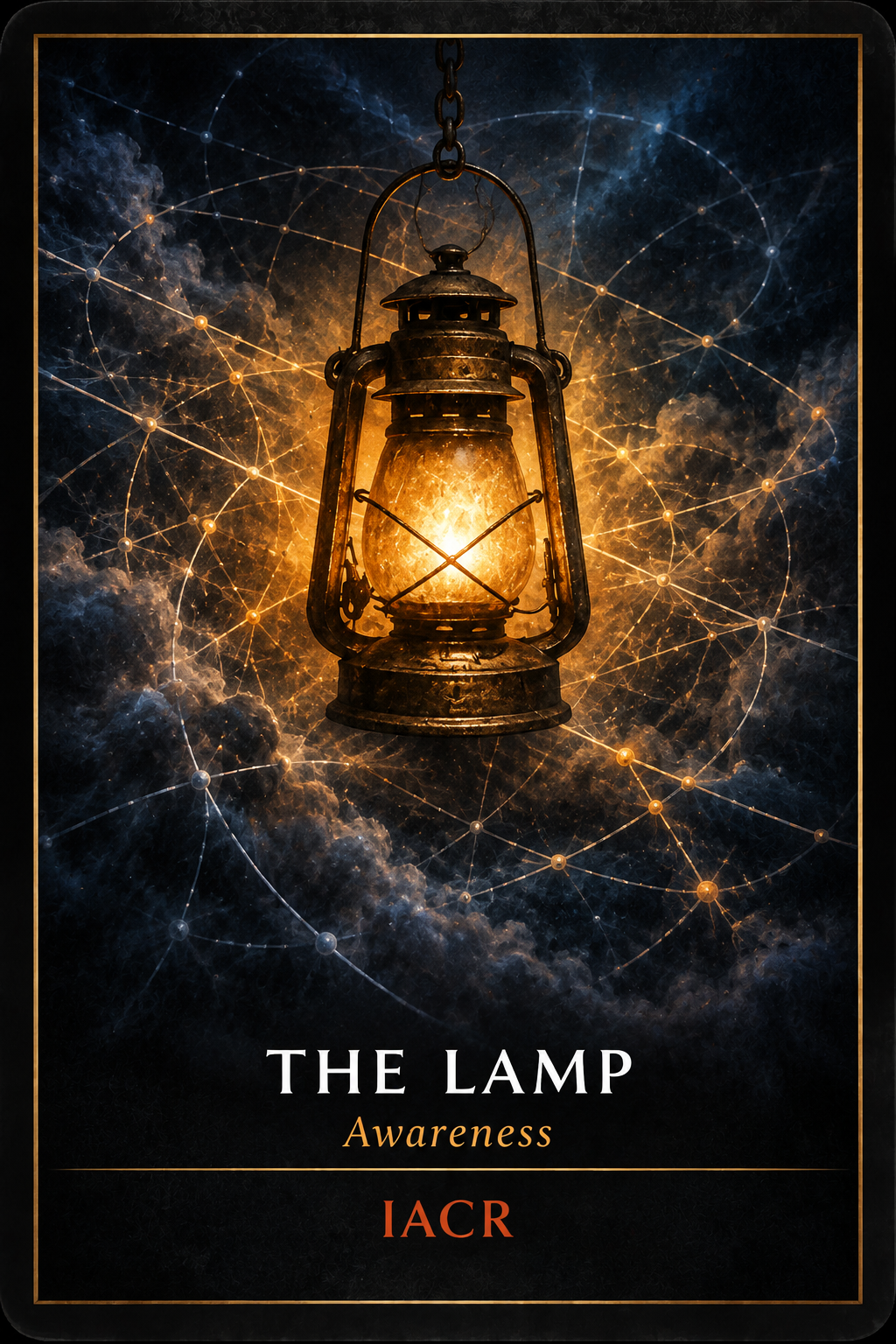 THE LAMP — Awareness. An antique lantern illuminates layered threads in blue-black mist, with further patterns remaining partly unseen.