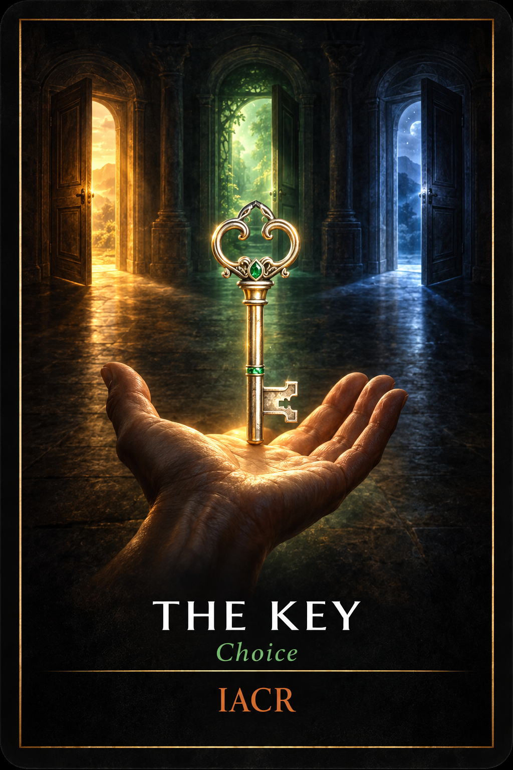 THE KEY — Choice. An open hand supports an ornate key before three softly lit doorways, extending the possibilities beyond a simple either-or.