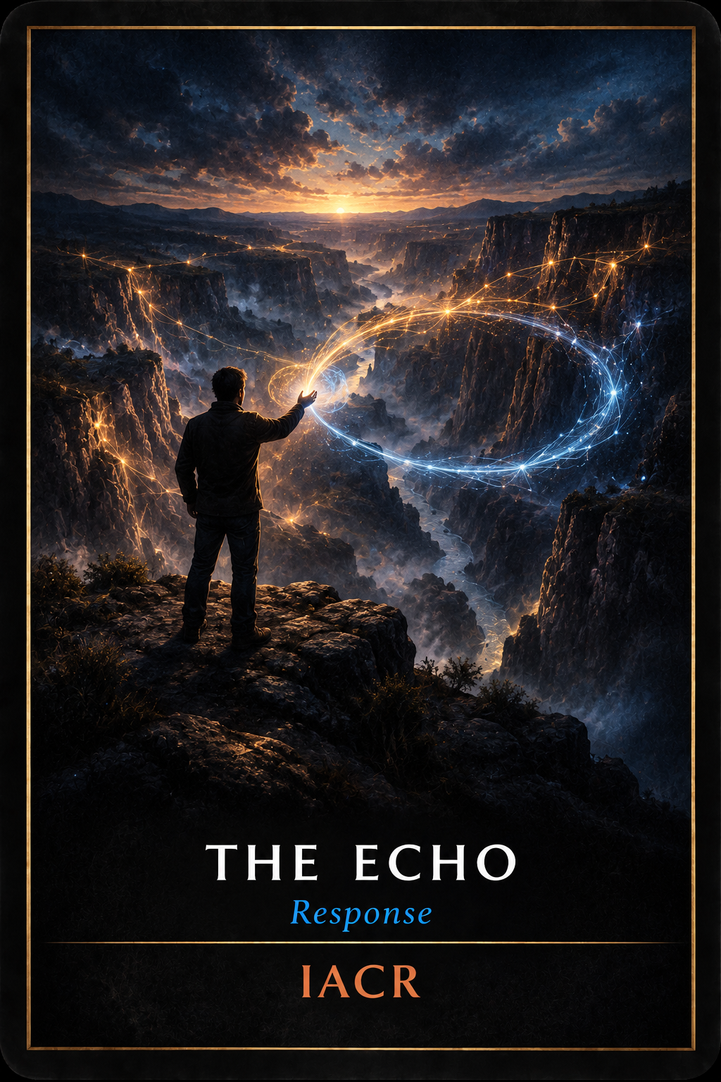 THE ECHO — Response. A figure on a canyon ledge sends a fine golden wave into the landscape as a changed blue-silver echo returns.